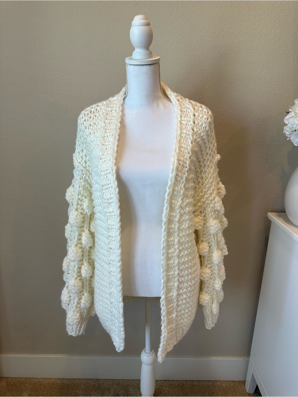 Chicwish Cream Chunky Open-Front Knit Cardigan with Bobble Sleeves